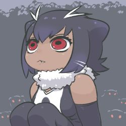 Rule 34 | 10s, 1girl, :&lt;, bare shoulders, black hair, commentary, dark skin, dark-skinned female, elbow gloves, fang, fang out, fur collar, giant otter (kemono friends) (kuro (kurojill)), gloves, kemono friends, kuro (kurojill), looking away, looking up, original, red eyes, short hair, solo