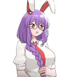 Rule 34 | 1girl, animal ears, braid, breasts, collared shirt, highres, large breasts, light purple hair, long hair, mata (matasoup), necktie, puffy short sleeves, puffy sleeves, purple hair, rabbit ears, rabbit girl, red eyes, red necktie, reisen udongein inaba, shirt, short sleeves, simple background, single braid, solo, touhou, very long hair, white background, white shirt