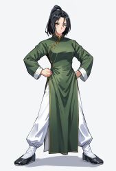 1girl absurdres black_hair changpao china_dress chinese_clothes dress fighting_stance green_dress hand_on_own_hip highres kokoro_no_koibito kung_fu martial_arts monk original ponytail self-upload shaolin_monk solo standing training yellow_eyes