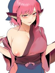 Rule 34 | 1girl, absurdres, animal ears, banned artist, bare shoulders, blue headwear, blush, breasts, collarbone, head scarf, hekiga (freelot), highres, japanese clothes, large breasts, mystia lorelei, nipples, one breast out, pink hair, red eyes, short hair, simple background, smile, solo, sweat, touhou, white background