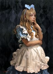 Rule 34 | 1girl, alice (alice in wonderland), alice in wonderland, apron, argyle, argyle background, argyle clothes, black background, blonde hair, blue bow, blue dress, blue hairband, bow, brown eyes, closed mouth, collared dress, cowboy shot, curly hair, dress, elbow rest, finger to own chin, frilled apron, frilled dress, frilled sleeves, frills, hair bow, hair over shoulder, hairband, hand up, highres, imai takahiro, long hair, looking away, maid apron, no lineart, nose, oil painting (medium), painting (medium), puffy short sleeves, puffy sleeves, realistic, short sleeves, signature, solo, standing, swept bangs, thinking, traditional media, wavy hair, white apron, wing collar