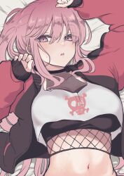 Rule 34 | 1girl, arm up, bed sheet, black jacket, blush, breasts, commentary, crop top, eternaltanbo, fishnet top, fishnets, from above, hair between eyes, highres, hololive, hololive english, jacket, large breasts, long hair, looking at viewer, lying, mori calliope, mori calliope (streetwear), multicolored clothes, multicolored jacket, navel, official alternate costume, on back, open clothes, open jacket, parted lips, pink eyes, pink hair, red jacket, sidelocks, skull print, solo, stomach, sweat, symbol-only commentary, tank top, two-tone jacket, upper body, virtual youtuber, white tank top