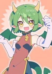 Rule 34 | 1girl, :d, absurdres, china dress, chinese clothes, chinese zodiac, commentary request, draco centauros, dragon girl, dragon horns, dragon tail, dragon wings, dress, elbow gloves, fang, gloves, green hair, green tail, highres, horns, looking at viewer, madou monogatari, open mouth, pointy ears, puyopuyo, red dress, short hair, skin fang, smile, solo, tail, wenicon 0410, white gloves, wings, yellow eyes