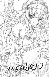 Rule 34 | 00s, 1girl, artist name, greyscale, looking at viewer, monochrome, room603, rozen maiden, solo, suigintou, wings