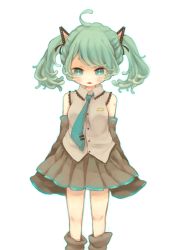 Rule 34 | 1girl, :3, ahoge, alternate hair length, alternate hairstyle, animal ears, asahi (pamuko), bad id, bad pixiv id, cat ears, detached sleeves, fake animal ears, fang, green eyes, green hair, hatsune miku, highres, kemonomimi mode, long sleeves, looking at viewer, matching hair/eyes, necktie, open mouth, shirt, skirt, sleeves past wrists, smile, solo, twintails, vocaloid, wide sleeves