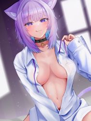 Rule 34 | 1girl, :q, animal ear fluff, animal ears, black choker, blue hair, blunt bangs, blush, breasts, breasts apart, cat ears, cat girl, cat tail, choker, closed mouth, colored inner hair, dutch angle, hand up, highres, holding, holding ribbon, hololive, large breasts, long sleeves, looking at viewer, multicolored hair, naked shirt, navel, neck ribbon, nekomata okayu, nekomata okayu (oversized shirt), no bra, purple eyes, purple hair, purple ribbon, ribbon, shirt, solo, tail, tongue, tongue out, torakichi 888, upper body, virtual youtuber, white shirt