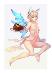 Rule 34 | 1girl, bare shoulders, bigrbear, blonde hair, breasts, cake, cherry, chocolate, commentary request, covered erect nipples, dress, elbow gloves, feet, food, fruit, full body, gloves, green eyes, grey background, headgear, highres, holding, holding tray, invisible chair, long hair, looking at viewer, mechanical wings, navel, no bra, no shoes, original, panties, parted lips, ponytail, revealing clothes, simple background, sitting, small breasts, smile, soles, solo, thighhighs, toes, tray, underwear, white dress, white gloves, white panties, white thighhighs, wings