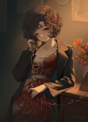 Rule 34 | 1girl, antique phone, arm on table, black coat, black hair, closed mouth, coat, curly hair, dark background, dress, feather dress, feather hair ornament, feathers, fio (kpsmile), flower, hair ornament, hairband, hand up, head tilt, highres, holding, holding phone, jewelry, long sleeves, looking at viewer, necklace, open clothes, open coat, painting (object), phone, red dress, red eyes, red feathers, red flower, red rose, reverse:1999, rose, schneider (reverse:1999), short hair, sidelighting, smile, solo, table, talking on phone, upper body, vase