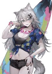 Rule 34 | 1girl, alternate costume, animal ear fluff, animal ears, arknights, black nails, black shorts, blue shirt, bracelet, breasts, cleavage, collarbone, cowboy shot, crop top, floral print, goggles, goggles around neck, grey eyes, hawaiian shirt, highres, jewelry, lappland (arknights), liangban xiexu, long hair, looking at viewer, material growth, medium breasts, midriff, navel, open clothes, open fly, open shirt, oripathy lesion (arknights), print shirt, scar, scar across eye, shirt, short shorts, short sleeves, shorts, simple background, smile, solo, standing, surfboard, tail, tied shirt, white background, wolf ears, wolf girl, wolf tail