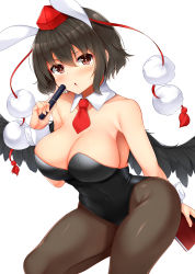 Rule 34 | 1girl, alternate costume, animal ears, bare arms, bare shoulders, black hair, black pantyhose, black wings, blush, book, breasts, cleavage, commentary request, covered navel, daichi (tokoya), detached collar, fake animal ears, feathered wings, groin, hair between eyes, hand up, hat, highres, holding, holding book, holding pen, large breasts, leotard, looking at viewer, necktie, pantyhose, parted lips, partial commentary, pen, playboy bunny, pom pom (clothes), rabbit ears, red eyes, red necktie, shameimaru aya, short hair, simple background, solo, strapless, strapless leotard, sweat, tassel, thighs, tokin hat, touhou, white background, wings, wrist cuffs