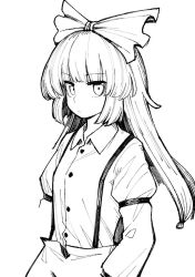 Rule 34 | 1girl, bow, buttons, closed mouth, collared shirt, commentary request, cowboy shot, fujiwara no mokou, greyscale, hair bow, juliet sleeves, long hair, long sleeves, looking at viewer, monochrome, oninamako, puffy sleeves, shirt, simple background, solo, suspenders, touhou, white background