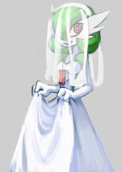 Rule 34 | 1girl, blush, breasts, creatures (company), dress, elbow gloves, game freak, gardevoir, gen 3 pokemon, gloves, green hair, grey background, hair over one eye, hands up, happy, looking away, looking to the side, nintendo, open mouth, pokemon, pokemon (creature), pokemon rse, red eyes, saladbomb, see-through, short hair, simple background, skirt hold, small breasts, smile, solo, standing, teeth, veil, wedding dress, white dress, white gloves