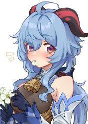 Rule 34 | 1girl, ahoge, bare shoulders, bell, blue gloves, blue hair, blush, bow, breasts, detached sleeves, eating flower, flower, ganyu (genshin impact), genshin impact, gloves, gold trim, highres, holding, holding flower, horns, long hair, looking at viewer, low ponytail, medium breasts, neck bell, petals in mouth, purple eyes, qingxin flower, rurie (lourie), sidelocks, solo, upper body, white background, white flower, white sleeves