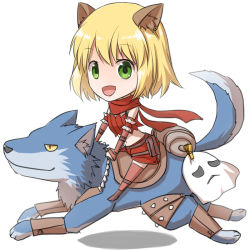 Rule 34 | 1girl, animal ears, belt, blonde hair, boots, bra strap, brown belt, brown footwear, cat ears, chibi, commentary request, fingerless gloves, full body, ghost, gloves, green eyes, looking at viewer, midriff, natsuya (kuttuki), navel, open mouth, pouch, ragnarok online, ranger (ragnarok online), red gloves, red scarf, red shorts, red thighhighs, red tube top, riding, scarf, short hair, shorts, simple background, smile, strapless, thighhighs, tube top, whisper (ragnarok online), white background, wolf
