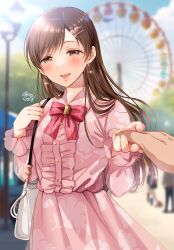 Rule 34 | 1boy, 1girl, 2others, amusement park, blurry, blurry background, blush, brown hair, center frills, depth of field, dress, earrings, ferris wheel, floral print, frilled sleeves, frills, gen (enji), glint, hair ornament, hairpin, highres, holding hands, idolmaster, idolmaster cinderella girls, jewelry, long hair, looking at viewer, multiple others, neck ribbon, nitta minami, outdoors, pink dress, pink ribbon, pov, pov hands, ribbon, smile, strapless, twitter username, very long hair