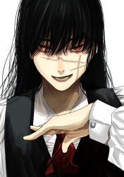 Rule 34 | 1girl, :d, ascot, black hair, black vest, chainsaw man, dress, facial scar, hand on own chest, highres, hoshi san 3, long hair, long sleeves, looking at viewer, open mouth, pinafore dress, red ascot, red eyes, scar, scar on cheek, scar on face, shirt, simple background, sleeveless, sleeveless dress, smile, solo, vest, white background, white shirt, yoru (chainsaw man)