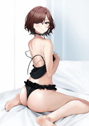 Rule 34 | 1girl, :t, absurdres, ass, bare arms, bare back, bare legs, bare shoulders, barefoot, bed, bed sheet, bikini, black bikini, black choker, blush, choker, curtains, ear piercing, female focus, frilled bikini, frills, highres, higuchi madoka, idolmaster, idolmaster shiny colors, indoors, looking at viewer, looking back, mole, mole under eye, on bed, piercing, pillow, pol winner, pout, purple eyes, red eyes, sitting, soles, solo, spiked choker, spikes, swimsuit, untied bikini, untied swimsuit, window, yokozuwari