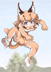 Rule 34 | 10s, 1girl, :3, animal ears, ankle boots, bare shoulders, blue eyes, blush, boots, bow, bowtie, caracal (kemono friends), closed mouth, commentary request, elbow gloves, gloves, high-waist skirt, highres, jumping, kemono friends, looking at viewer, orange bow, orange bowtie, orange gloves, orange hair, orange skirt, orange thighhighs, photo-referenced, short hair, skirt, solo, tanaka kusao, thighhighs, traditional bowtie