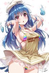 Rule 34 | 1girl, absurdres, ahoge, apron, armpits, beret, bikini, blue hair, blush, breasts, brown apron, chestnut mouth, cleavage, clothes writing, cowboy shot, elbow gloves, english text, gloves, hat, highres, large breasts, long hair, looking back, multicolored bikini, multicolored clothes, original, parted lips, rainbow bikini, red hair, red ribbon, ribbon, see-through, side-tie bikini bottom, signature, simple background, solo, striped bikini, striped clothes, swimsuit, underboob, very long hair, wet.elephant, white background, white hat