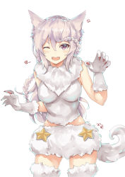 Rule 34 | anger vein, animal ears, bare shoulders, braid, breasts, character request, claws, cowboy shot, fangs, fur trim, hair between eyes, heart, highres, long hair, medium breasts, nail polish, one eye closed, open mouth, red nails, grey eyes, silver hair, simple background, smile, star (symbol), tail, thighhighs, very long hair, warship girls r, white background, wolf ears, wolf tail, zhudacaimiao