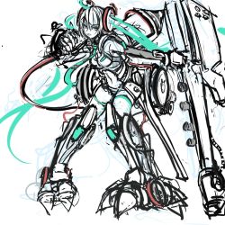 Rule 34 | 1girl, adapted costume, aqua hair, arm cannon, detached sleeves, hair ornament, hatsune miku, highres, huge weapon, long hair, mecha musume, necktie, panties (pantsu-pirate), solo, spot color, thighhighs, twintails, very long hair, vocaloid, weapon, white thighhighs