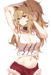 Rule 34 | 1girl, animal ears, arknights, armpits, arms up, breasts, brown eyes, cleavage, collar, commentary, cowboy shot, highres, large breasts, light brown hair, lion ears, long hair, lucidsky, medium breasts, navel, parted lips, ponytail, red shorts, short shorts, shorts, siege (arknights), simple background, solo, twitter username, white background