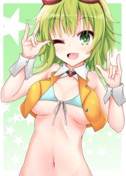 Rule 34 | 1girl, ;d, aatsu, bare shoulders, blush, bra, breasts, collared jacket, crop top, fang, goggles, goggles on head, green eyes, green hair, gumi, hands up, happy, jacket, medium breasts, medium hair, midriff, navel, one eye closed, open mouth, orange jacket, smile, solo, star (symbol), starry background, underboob, underwear, upper body, vocaloid, w, w over eye, wrist cuffs