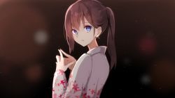 Rule 34 | 1girl, a.a (aa772), blue eyes, blurry, brown hair, depth of field, floral print, from behind, hair between eyes, hakama-chan (aa), highres, looking at viewer, open mouth, original, ponytail, solo, steepled fingers, upper body, wide sleeves