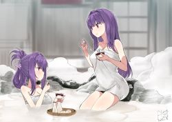 Rule 34 | 2girls, alcohol, alternate hairstyle, architecture, bath, bathing, blush, breasts, choko (cup), cleavage, collarbone, commentary request, cup, dated, east asian architecture, fate/grand order, fate (series), hair ornament, hairclip, holding, holding spoon, ice cream cup, long hair, looking at another, medium breasts, multiple girls, naked towel, night, onsen, outdoors, partially submerged, pinky out, purple hair, red eyes, rkrk, rock, sake, scathach (fate), scathach skadi (fate), signature, smile, spoon, steam, tokkuri, towel, utensil in mouth, water, white towel