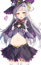 Rule 34 | 1girl, black gloves, black hat, black skirt, blunt bangs, blush, breasts, cleavage, gloves, hat, heart, heart hands, highres, hololive, long hair, looking at viewer, midriff, murasaki shion, murasaki shion (1st costume), navel, open mouth, silver hair, simple background, skirt, small breasts, solo, stomach, taht (that is mm), thighhighs, virtual youtuber, white background, white thighhighs, witch hat, yellow eyes, zettai ryouiki