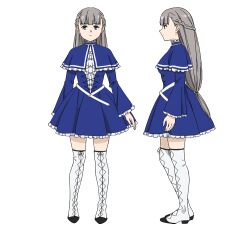 Rule 34 | 1girl, blue capelet, blue dress, blue eyes, blunt bangs, boots, braid, capelet, character sheet, cross-laced footwear, dress, expressionless, frilled cape, frilled dress, frills, from side, full body, grey hair, lace-up boots, lawine (sousou no frieren), long hair, official art, profile, sousou no frieren, straight-on, thigh boots, transparent background, white footwear