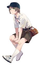 Rule 34 | 1girl, bad id, bad pixiv id, badge, bag, bandaid, bandaid on knee, bandaid on leg, baseball cap, belt, belt buckle, brown hair, brown shorts, buckle, cherim, closed mouth, collarbone, collared shirt, full body, green eyes, hat, highres, invisible chair, kneehighs, looking at viewer, mole, mole under eye, original, shirt, shirt tucked in, shoes, short hair, short sleeves, shorts, shoulder bag, simple background, sitting, sneakers, socks, solo, white background, white footwear, white socks, white shirt