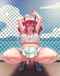 Rule 34 | 1girl, absurdres, armpits, arms up, azur lane, bare legs, black panties, blue footwear, blue sky, blush, breasts, bremerton (azur lane), bremerton (scorching-hot training) (azur lane), chain-link fence, chinese commentary, cleavage, closed mouth, crop top, crop top overhang, cross-laced footwear, day, fatzhai, fence, full body, green skirt, grey hair, hair intakes, hair ornament, hairclip, headgear, highres, jewelry, large breasts, licking lips, long hair, looking at viewer, midriff, miniskirt, mole, mole under eye, multicolored hair, navel, necklace, official alternate costume, outdoors, panties, pink eyes, pink hair, pleated skirt, see-through, shoes, sidelocks, skirt, sky, smile, sneakers, solo, sportswear, spread legs, squatting, steaming body, streaked hair, sweat, tank top, tennis uniform, thick thighs, thighs, tiptoes, tongue, tongue out, twintails, two-tone hair, two-tone skirt, underboob, underwear, wet, wet clothes, white skirt, white tank top, x hair ornament