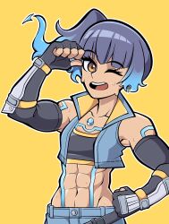 Rule 34 | 1girl, abs, absurdres, arm guards, black gloves, black hair, blue hair, blue vest, breasts, brown eyes, chest jewel, commentary, elbow gloves, english commentary, fingerless gloves, gloves, glowing lines, hand on own hip, highres, kermittend, midriff, multicolored hair, muscular, muscular female, navel, one eye closed, open mouth, sena (xenoblade), side ponytail, small breasts, smile, solo, sports bra, sweat, two-tone hair, vest, xenoblade chronicles (series), xenoblade chronicles 3