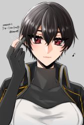 Rule 34 | 1girl, alternate hair length, alternate hairstyle, black hair, commentary request, dated, eyebrows hidden by hair, eyelashes, gloves, grey background, highres, kantai collection, machi (ritovoyage), musical note, nagato (kancolle), partial commentary, partially fingerless gloves, red eyes, short hair, signature, uniform, very short hair