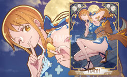 Rule 34 | 1girl, ass, bangle, bare legs, bare shoulders, blue kimono, blue ribbon, bracelet, breasts, building, character name, closed mouth, cloud, cloudy sky, commentary request, earrings, finger to mouth, floral print, flower, from side, full body, full moon, gold bar, hair ribbon, holding, index finger raised, japanese clothes, jewelry, kimono, large breasts, light smile, log pose, long hair, looking at viewer, looking to the side, low ponytail, moon, multiple views, nami (one piece), nami (one piece) (wano), night, night sky, ninja, obi, official alternate costume, official alternate hairstyle, on roof, one eye closed, one piece, orange eyes, orange hair, orange sash, outdoors, pearl earrings, print kimono, ribbon, sample watermark, sandals, sash, short kimono, shoulder tattoo, sidelocks, sky, sleeveless, sleeveless kimono, smile, squatting, tattoo, toeless footwear, toes, tomiwo, upper body, watermark, white flower, wide hips