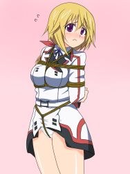 Rule 34 | 10s, 1girl, arms behind back, bdsm, blonde hair, blush, bondage, bound, box tie, breast bondage, breasts, charlotte dunois, crotch rope, dress, infinite stratos, panties, pink background, purple eyes, rope, simple background, solo, underwear