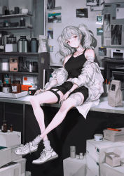 Rule 34 | 1girl, absurdres, bandaged arm, bandages, bare legs, bare shoulders, black shirt, black shorts, blush, box, breasts, closed mouth, collarbone, container, head tilt, highres, indoors, jacket, jar, lm7 (op-center), long hair, long sleeves, looking at viewer, medium breasts, midriff, off shoulder, open clothes, open jacket, original, photo (object), puffy sleeves, red eyes, shelf, shirt, shoes, short shorts, shorts, sidelocks, silver hair, sitting, sleeveless, sleeveless shirt, sneakers, socks, solo, sticky note, table, twintails, wavy hair, white footwear, white jacket, white socks