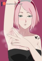 Rule 34 | 1girl, agung911, arm behind head, arm up, armpits, bare shoulders, breasts, cleavage, fingernails, green eyes, hairband, hand up, haruno sakura, highres, large breasts, looking at viewer, naruto, naruto (series), parted bangs, parted lips, patreon username, pink background, pink hair, presenting armpit, shiny skin, signature, simple background, sleeveless, steam, steaming body, sweat, upper body