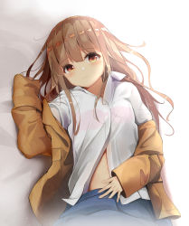 Rule 34 | 1girl, bad id, bad pixiv id, bed sheet, blazer, blue skirt, blush, bra, bra visible through clothes, breasts, brown hair, brown jacket, commentary request, hair between eyes, hand up, head tilt, highres, jacket, long hair, long sleeves, looking at viewer, lying, navel, on back, open clothes, open jacket, original, pleated skirt, red bra, red eyes, sashima, school uniform, see-through, shirt, skirt, sleeves past wrists, small breasts, solo, tears, underwear, very long hair, white shirt