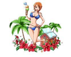 Rule 34 | 1girl, :d, barefoot, bikini, blue bikini, bodskih, breasts, brown eyes, cleavage, collarbone, flower, food, groin, hand on own hip, hibiscus, holding, holding food, ice cream, large breasts, leg up, looking at viewer, nami (one piece), navel, one piece, one piece treasure cruise, open mouth, orange hair, palm tree, red flower, short hair, smile, solo, standing, standing on one leg, swimsuit, transparent background, tree