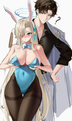 Rule 34 | 1boy, 1girl, ?, absurdres, asuna (blue archive), asuna (bunny) (blue archive), bare shoulders, behind another, black hair, black shirt, blonde hair, blue archive, blue bow, blue bowtie, blue eyes, blush, bow, bowtie, breast hold, breasts, coat, coat on shoulders, detached collar, halo, highleg, highleg leotard, highres, large breasts, leotard, long hair, mole, mole on breast, pantyhose, playboy bunny, problem solver sensei (blue archive), sensei (blue archive), shirt, short hair, standing, stone (ksorede), thigh gap, very long hair, white coat