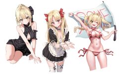 Rule 34 | 3girls, ahoge, apron, arm strap, arm support, arm up, artoria pendragon (all), artoria pendragon (alter swimsuit rider) (fate), artoria pendragon (alter swimsuit rider) (first ascension) (fate), artoria pendragon (fate), bad id, bad pixiv id, bare shoulders, bead bracelet, beads, bikini, black ribbon, blonde hair, blush, bracelet, braid, breasts, chirang, choker, cleavage, cleavage cutout, clothing cutout, cropped legs, ereshkigal (fate), fate/grand order, fate (series), flag, floating hair, frilled choker, frills, frown, furrowed brow, garter straps, green eyes, hair bun, hair ribbon, halterneck, head tilt, highres, holding, holding flag, jewelry, large breasts, long hair, looking at viewer, looking to the side, maid, maid apron, medium breasts, multiple girls, navel, nero claudius (fate), nero claudius (fate) (all), nero claudius (swimsuit caster) (fate), one-piece swimsuit, one eye closed, open hands, open mouth, red eyes, red ribbon, ribbon, saber alter, side-tie bikini bottom, sidelocks, simple background, single hair bun, sitting, swimsuit, thighhighs, twintails, two side up, upper body, v-shaped eyebrows, very long hair, white background, white legwear, zettai ryouiki