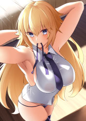 Rule 34 | 1girl, absurdres, armpits, arms behind head, arms up, asakura kukuri, backlighting, bare shoulders, blonde hair, blue eyes, blue necktie, blue panties, blue ribbon, blue thighhighs, blush, braid, breasts, collared shirt, fate/apocrypha, fate (series), hair between eyes, highres, jeanne d&#039;arc (fate), jeanne d&#039;arc (girl from orleans) (fate), jeanne d&#039;arc (ruler) (fate), large breasts, long hair, looking at viewer, mouth hold, necktie, panties, ribbon, shirt, sleeveless, sleeveless shirt, smile, solo, thighhighs, thighs, underwear, very long hair, white shirt
