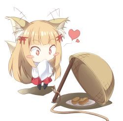 Rule 34 | + +, 1girl, animal ears, blonde hair, blunt bangs, blush stickers, chibi, commentary, da-mii, drop trap, ear wiggle, food, fox ears, fox tail, heart, long hair, oshiro project:re, plate, red eyes, rope, senko (oshiro project), simple background, solo, stick, tail, tofu, torii hair ornament, white background, wide-eyed