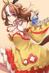 Rule 34 | 1girl, absurdres, ahoge, animal ears, blue gloves, blush, breasts, brown hair, cleavage, commentary request, copano rickey (umamusume), detached sleeves, double bun, dress, ear covers, fang, fingerless gloves, frilled skirt, frills, gloves, hair between eyes, hair bun, hair ornament, hand on own hip, highres, horse ears, horse girl, long hair, long sleeves, looking at viewer, luna (gkluna mas), medium breasts, multicolored hair, one eye closed, open mouth, orange eyes, pointing, pointing up, simple background, skirt, smile, solo, streaked hair, umamusume, upper body, white background, white hair, yellow dress