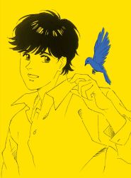 Rule 34 | banana fish, bird, black eyes, black hair, buttons, cleaned, collared shirt, eyebrows, hair between eyes, highres, long sleeves, monochrome, official art, okumura eiji, open mouth, shirt, short hair, sleeves past elbows, smile, tongue, yellow background, yellow theme