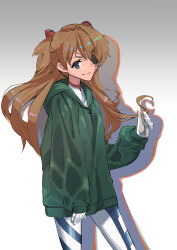 Rule 34 | 1girl, artist request, blue eyes, bodysuit, bodysuit under clothes, breasts, brown hair, evangelion: 3.0+1.0 thrice upon a time, eyepatch, hair between eyes, hair ornament, hand in own hair, highres, jacket, long hair, looking at viewer, neon genesis evangelion, plugsuit, rebuild of evangelion, simple background, skin tight, small breasts, smile, solo, souryuu asuka langley, two side up, very long hair, white bodysuit
