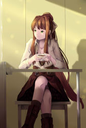 Rule 34 | 1girl, artist name, boots, bow, brown dress, brown footwear, brown hair, casual, chair, closed mouth, commentary, cropped jacket, crossed legs, doki doki literature club, dress, feet out of frame, green eyes, hair bow, highres, holding mug, indoors, jacket, jewelry, long hair, long sleeves, looking to the side, monika (doki doki literature club), necklace, ponytail, shadow, shiryuu akira, sidelocks, sitting, smile, solo, sunlight, table, very long hair, white jacket