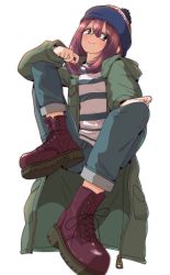 Rule 34 | 1girl, beanie, boots, brown hair, green eyes, hat, highres, invisible chair, jacket, jagi (jagi souken), shirt, sitting, smile, solo, striped clothes, striped shirt, toki ayano, white background, yurucamp